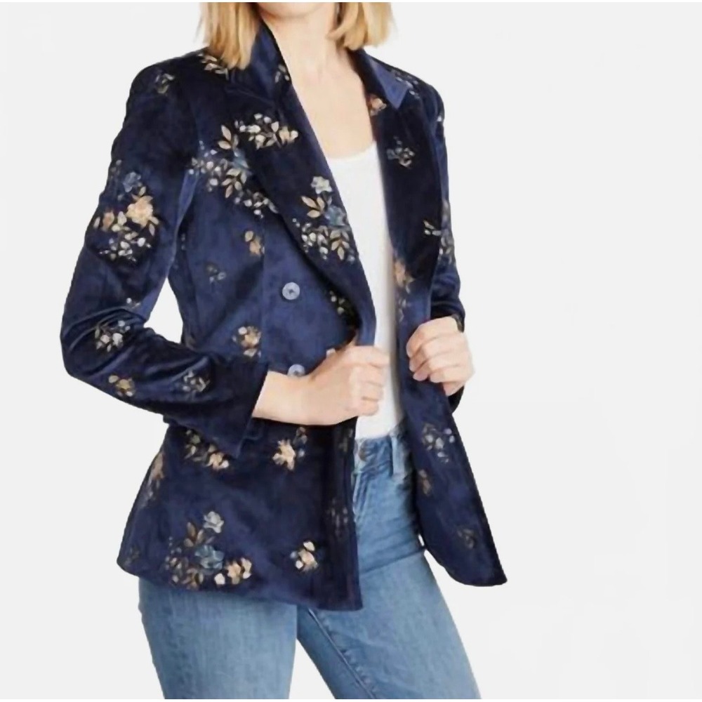 Driftwood Velvet Floral Embroidered‎ Blazer Jacket Navy Blue S